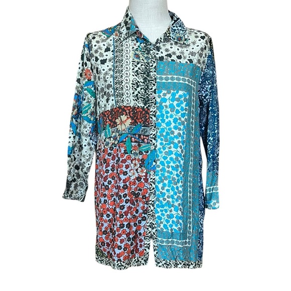 Johnny Was Small 100% Silk Button Up Long Sleeve Blouse Blue Mixed Media Boho